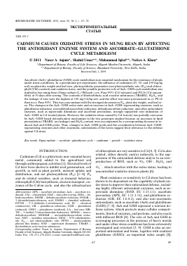 CADMIUM CAUSES OXIDATIVE STRESS IN MUNG BEAN BY AFFECTING THE ANTIOXIDANT ENZYME SYSTEM AND ASCORBATEGLUTATHIONE CYCLE METABOLISM -  тема научной статьи по биологии из журнала Физиология растений