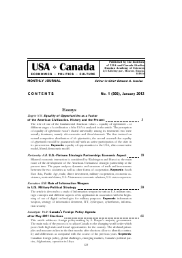 CONTENTS NO. 1 (505), JANUARY 2012 -  тема научной статьи по комплексному изучению отдельных стран и регионов из журнала США и Канада: экономика, политика, культура