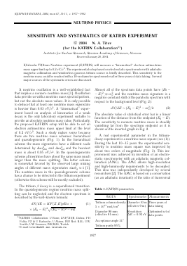 SENSITIVITY AND SYSTEMATICS OF KATRIN EXPERIMENT -  тема научной статьи по физике из журнала Ядерная физика