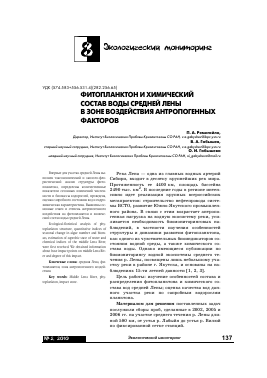 ФИТОПЛАНКТОН И ХИМИЧЕСКИЙ СОСТАВ ВОДЫ СРЕДНЕЙ ЛЕНЫ В ЗОНЕ ВОЗДЕЙСТВИЯ АНТРОПОГЕННЫХ ФАКТОРОВ -  тема научной статьи по биологии из журнала Проблемы региональной экологии