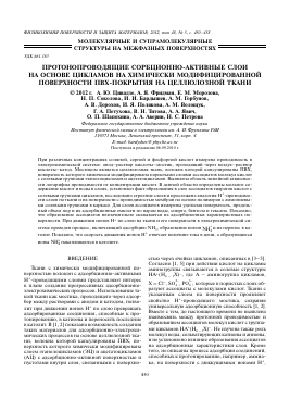 ПРОТОНОПРОВОДЯЩИЕ СОРБЦИОННО-АКТИВНЫЕ СЛОИ НА ОСНОВЕ ЦИКЛАМОВ НА ХИМИЧЕСКИ МОДИФИЦИРОВАННОЙ ПОВЕРХНОСТИ ПВХ-ПОКРЫТИЯ НА ЦЕЛЛЮЛОЗНОЙ ТКАНИ -  тема научной статьи по химии из журнала Физикохимия поверхности и защита материалов