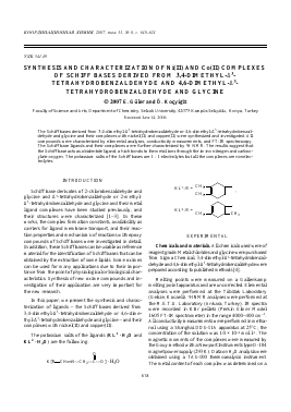 SYNTHESIS AND CHARACTERIZATION OF NI(II) AND CO(II) COMPLEXES OF SCHIFF BASES DERIVED FROM 3,4-DIMETHYL- 3-TETRAHYDROBENZALDEHYDE AND 4,6-DIMETHYL- 3-TETRAHYDROBENZALDEHYDE AND GLYCINE -  тема научной статьи по химии из журнала Координационная химия